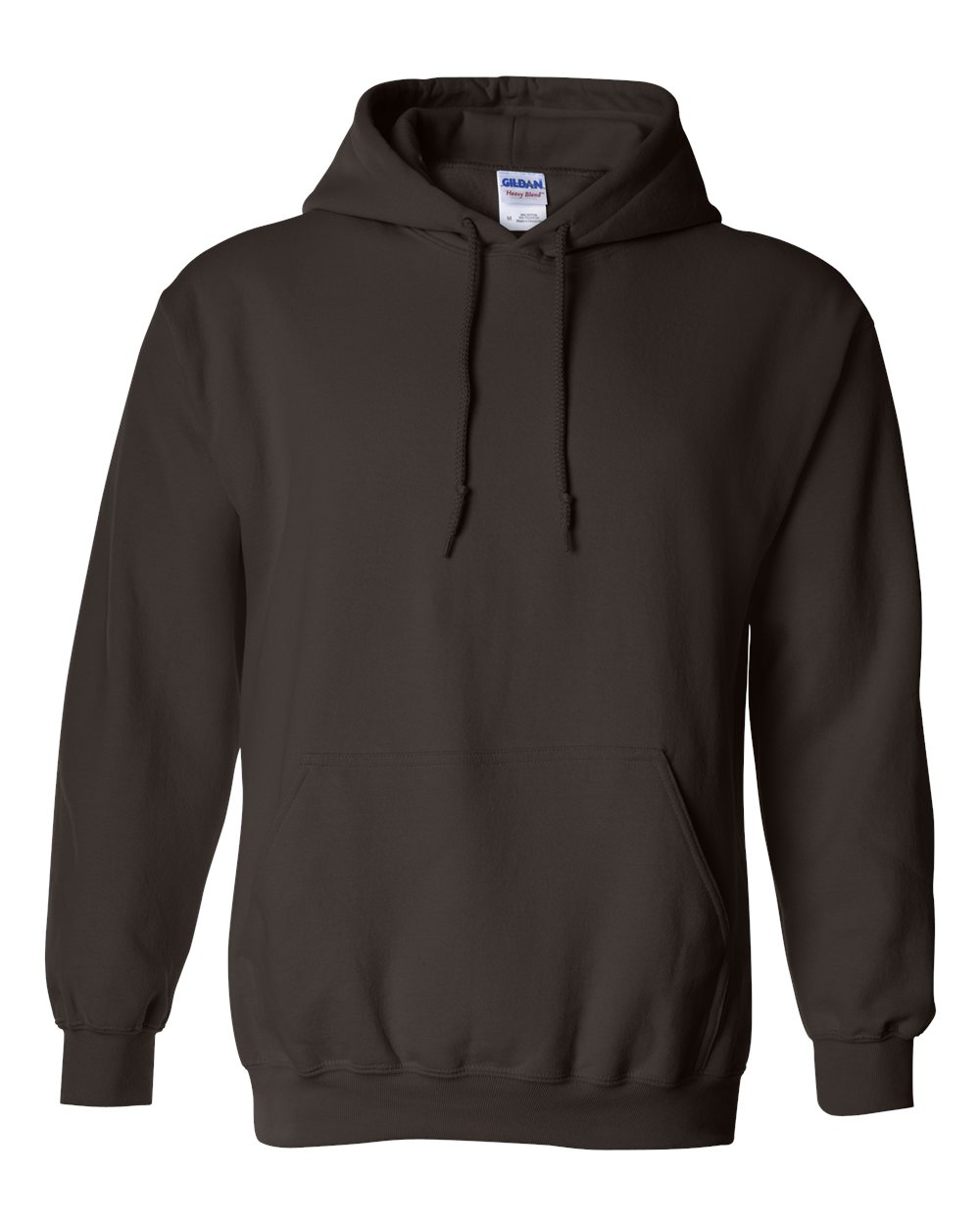 Dark chocolate hoodie with a Gildan label on a white background
