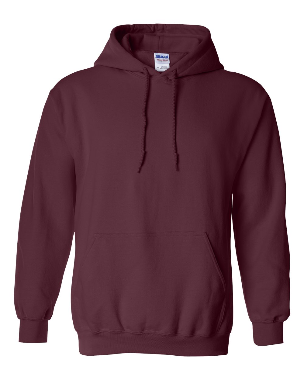 Maroon hoodie with Gildan label on a white background