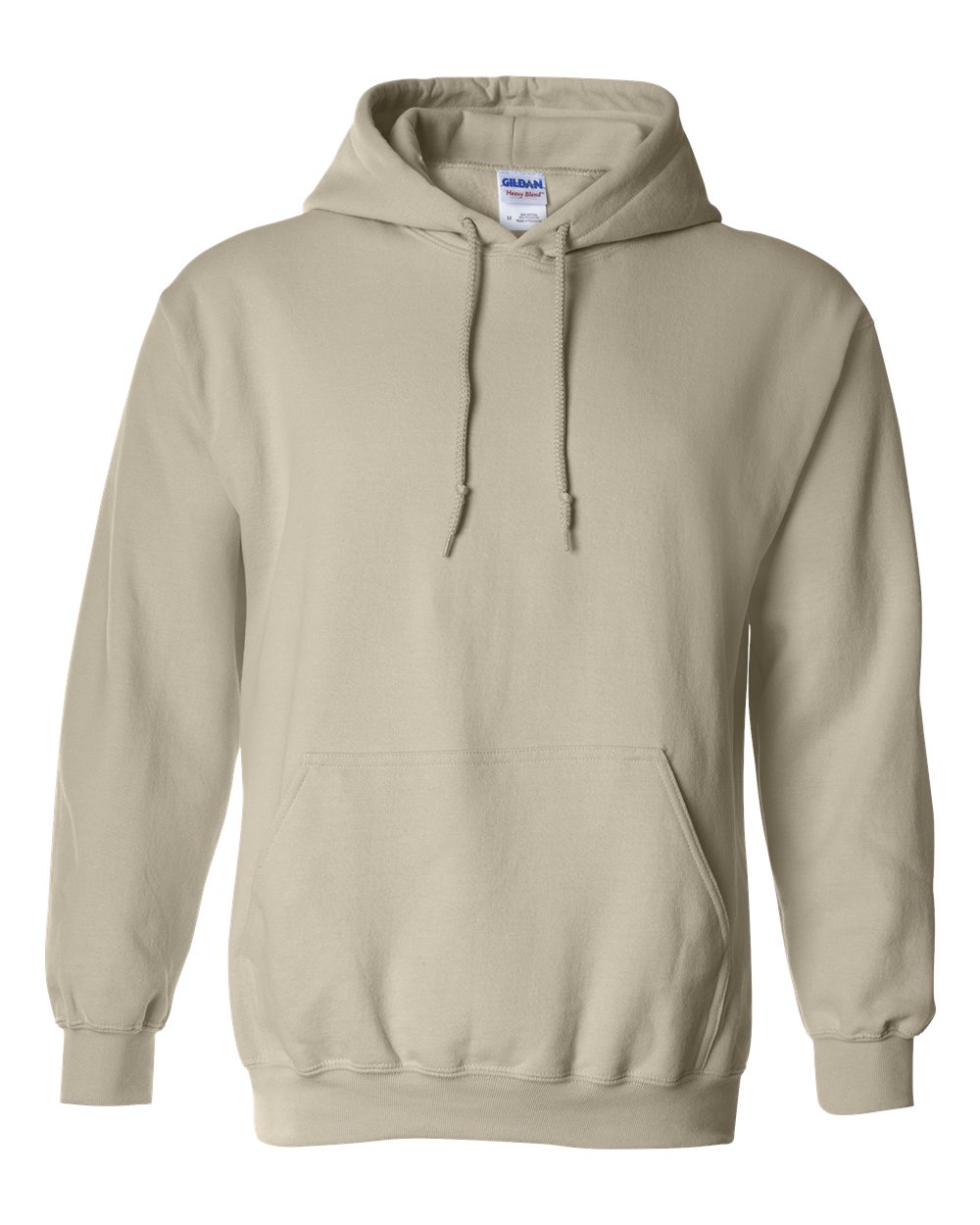 Beige hoodie with Gildan label on a white background