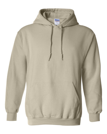 Beige hoodie with Gildan label on a white background