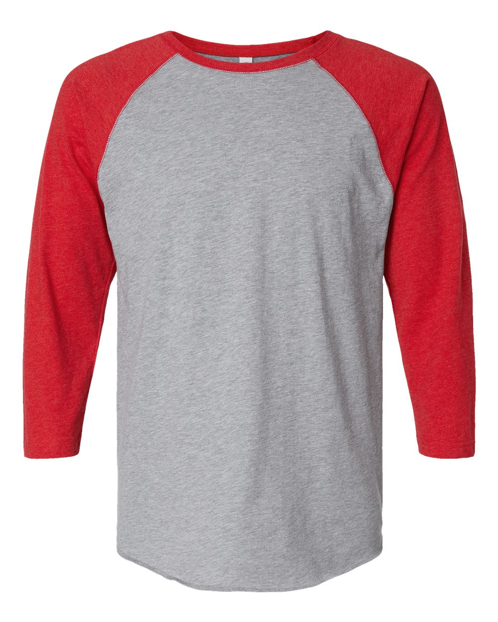Gray baseball shirt with red sleeves on a white background