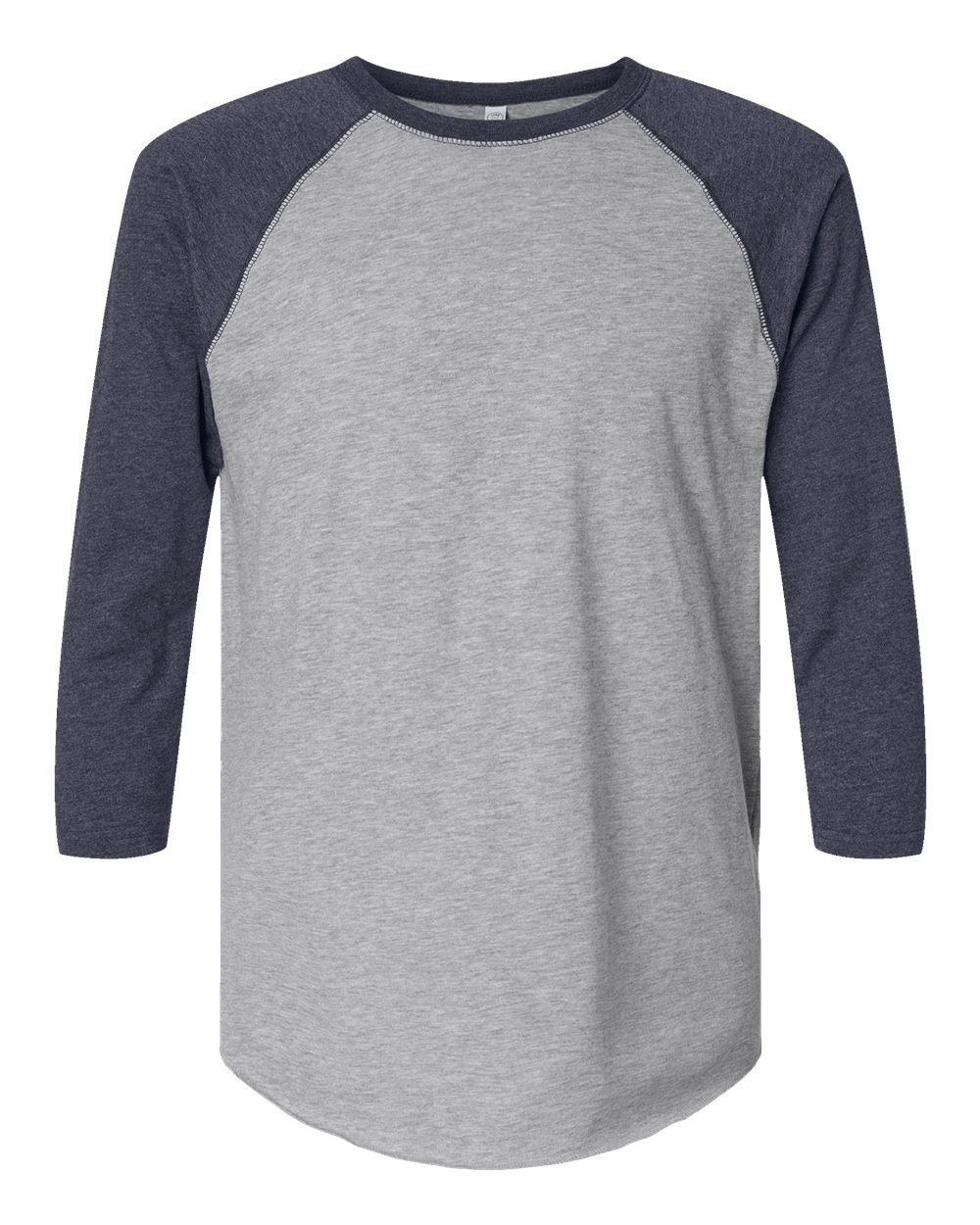 Gray and navy baseball shirt on a white background