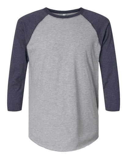 Gray and navy baseball shirt on a white background