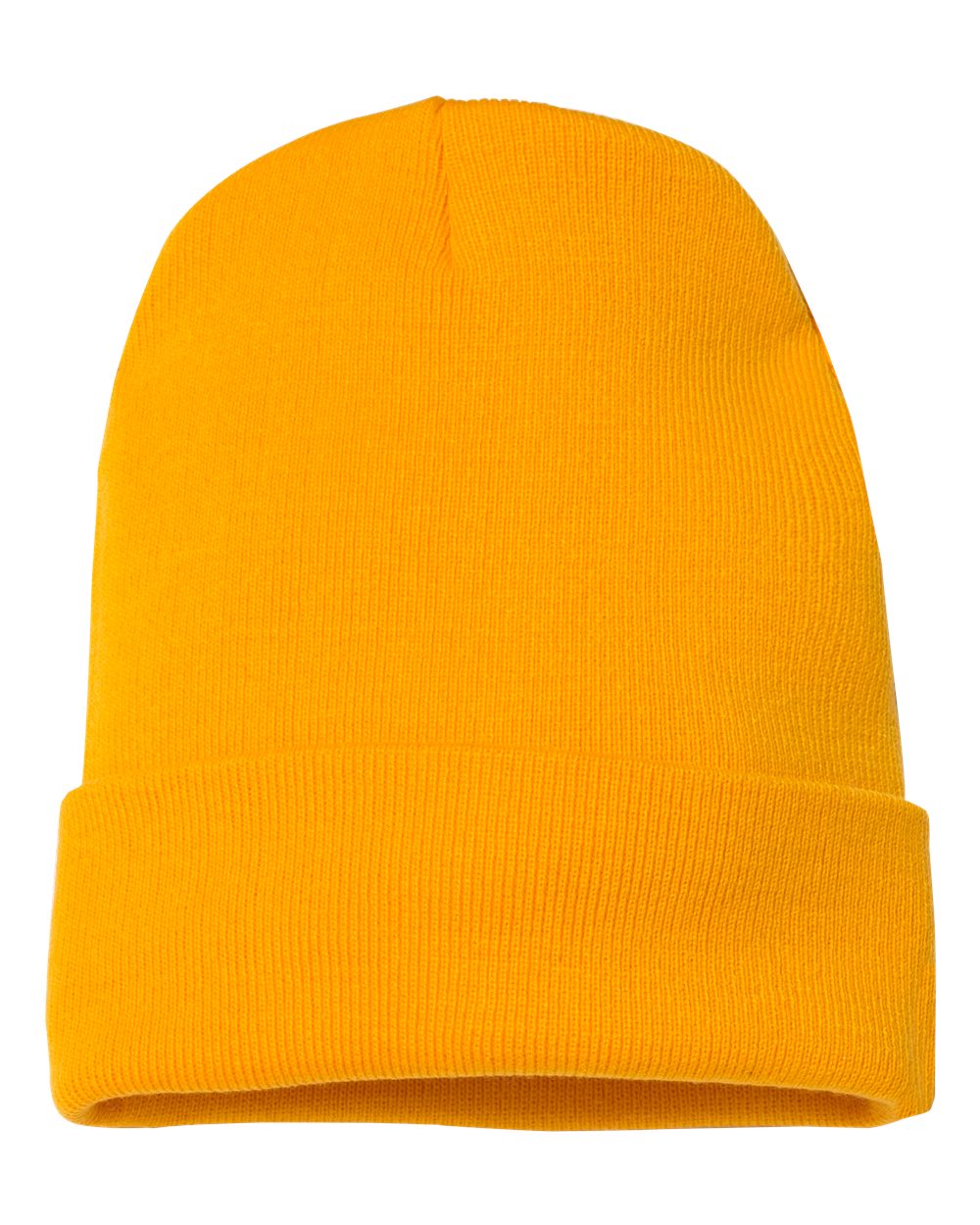 Yellow cuffed beanie on a white background