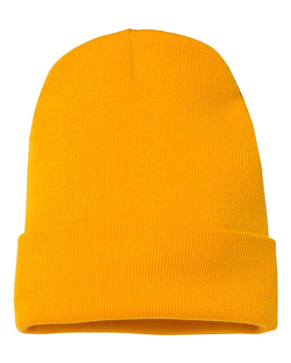 Yellow cuffed beanie on a white background