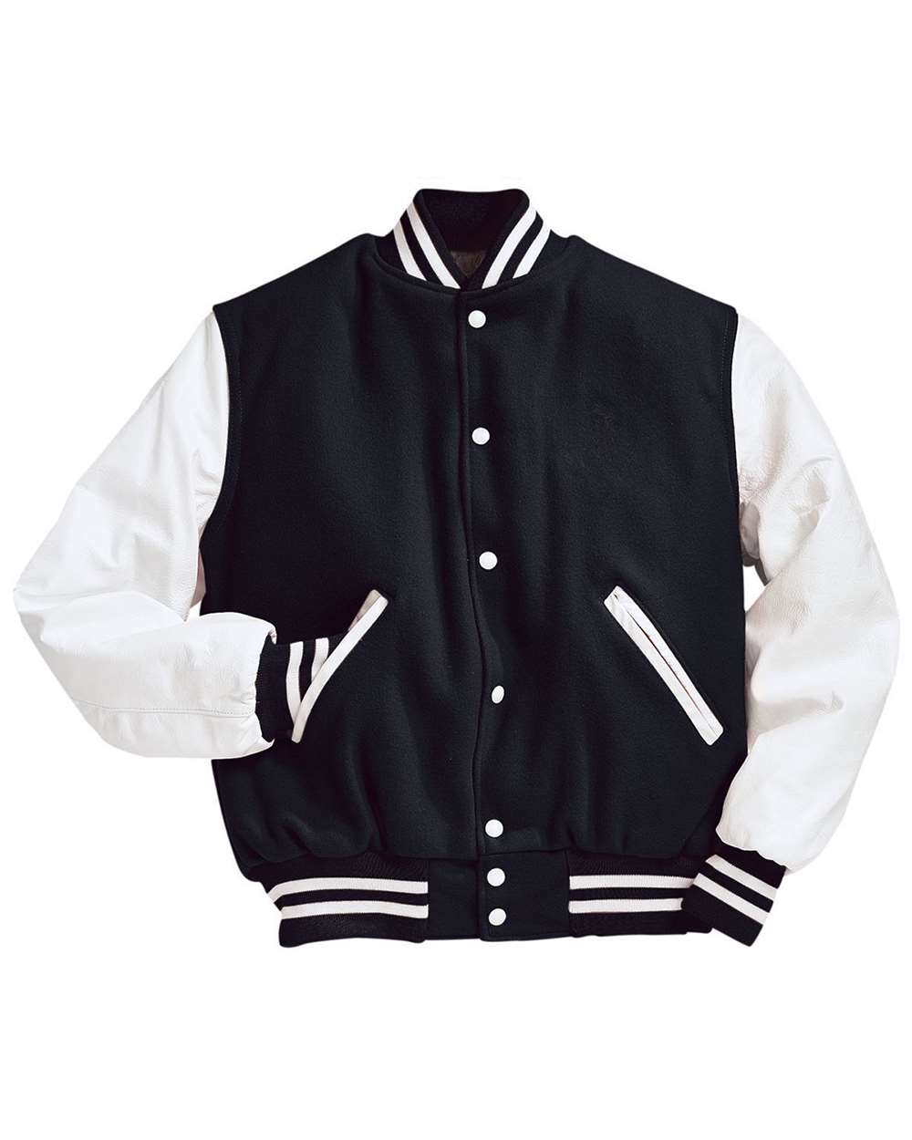 Black and white varsity jacket on a white background