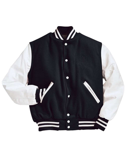 Black and white varsity jacket on a white background