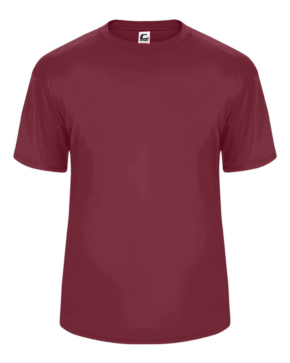 Maroon t-shirt with a brand logo on a white background