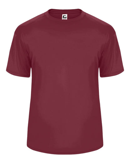 Maroon t-shirt with a brand logo on a white background