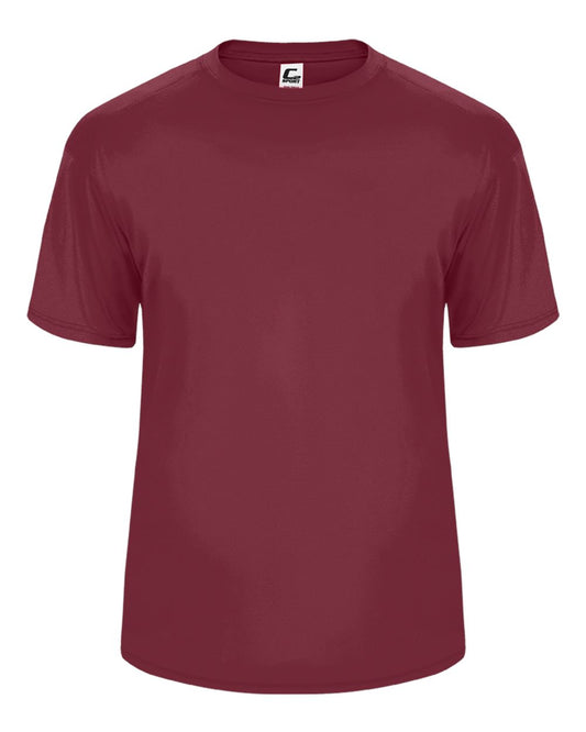 Maroon t-shirt with a brand logo on a white background